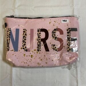 The Pouch Cosmetic Bag Nurse Pink NWT Leopard Print Gold Splatter 8x5in